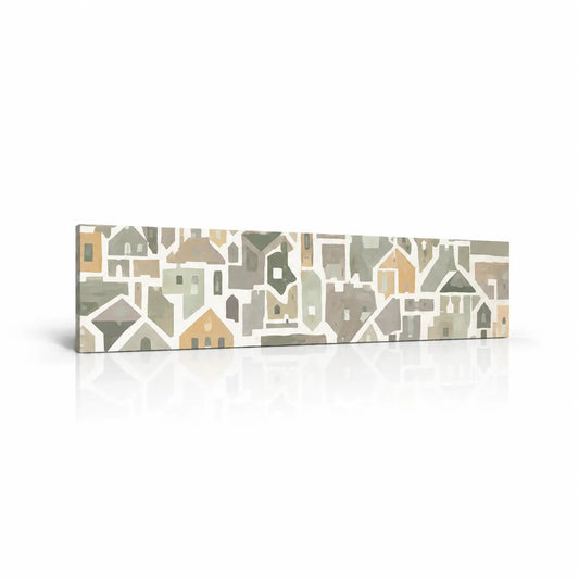 Houses Italia decorative wall panel with sage green, grey and ochre house motifs on a white background
