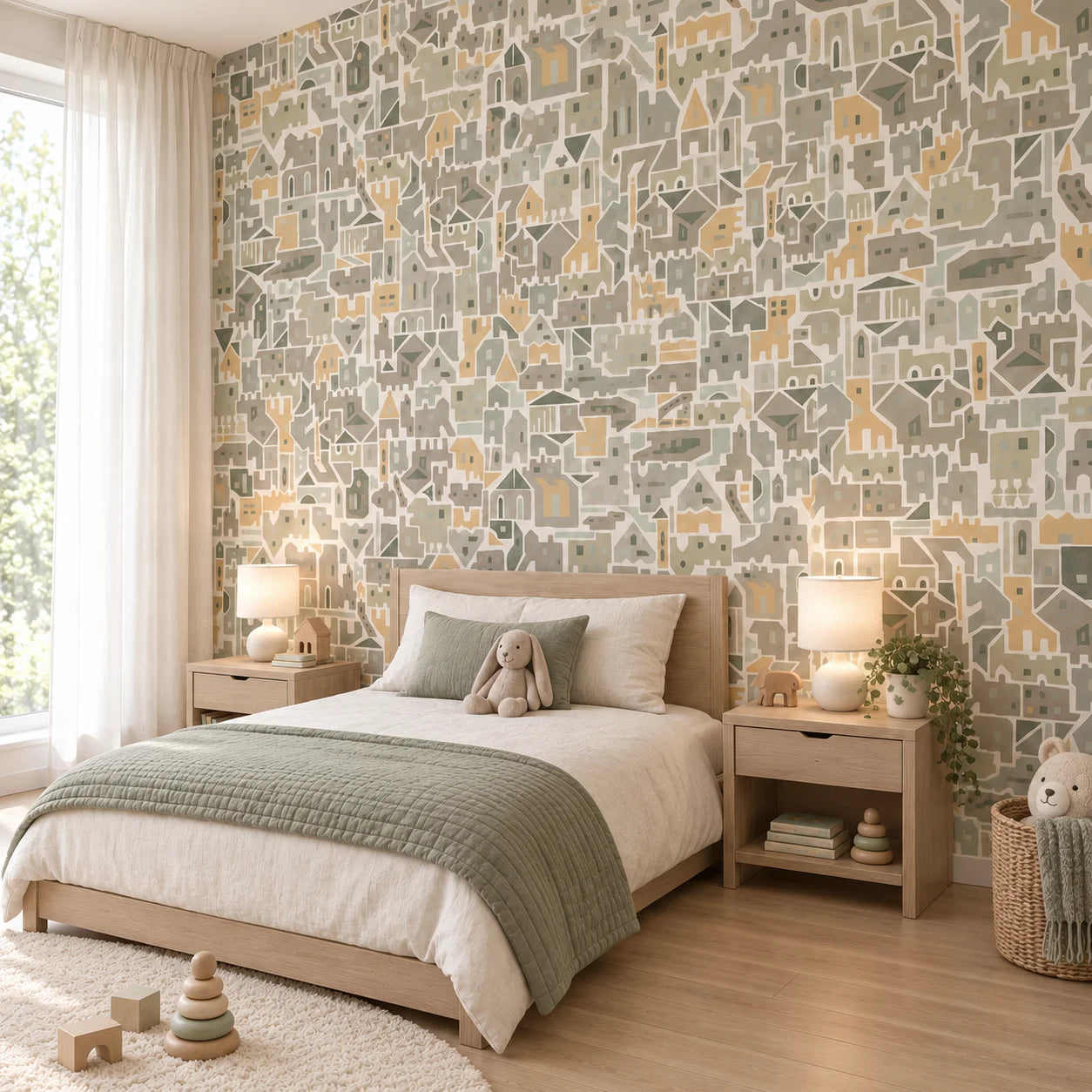 Angled view of Houses Italia wall panels behind a wooden bed with sage green bedding in a cosy bedroom