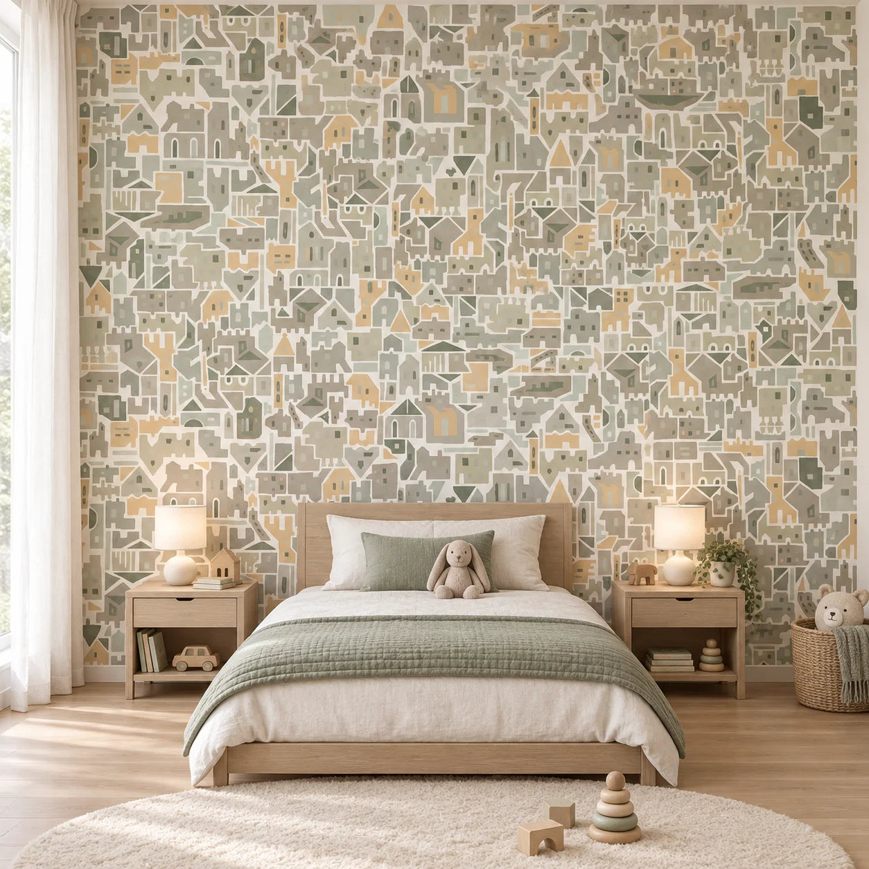 Front view of Houses Italia feature wall behind a wooden bed with matching bedside tables and lamps