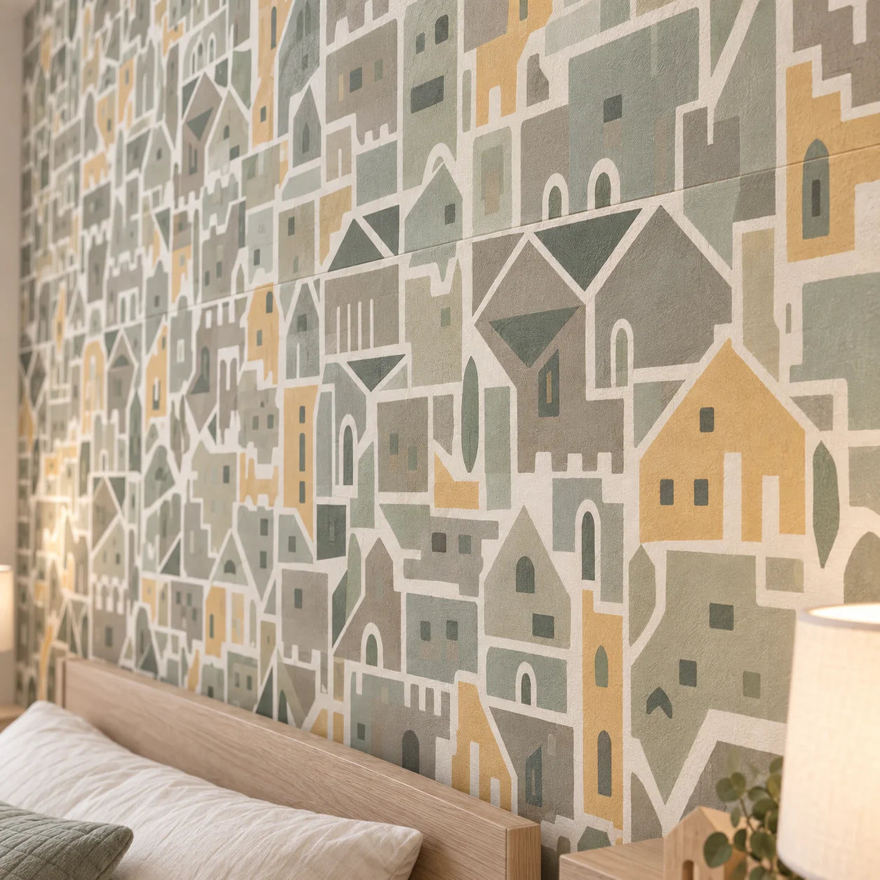 Close view of Houses Italia wall panels showing textured house motifs and subtle horizontal joints above a wooden headboard