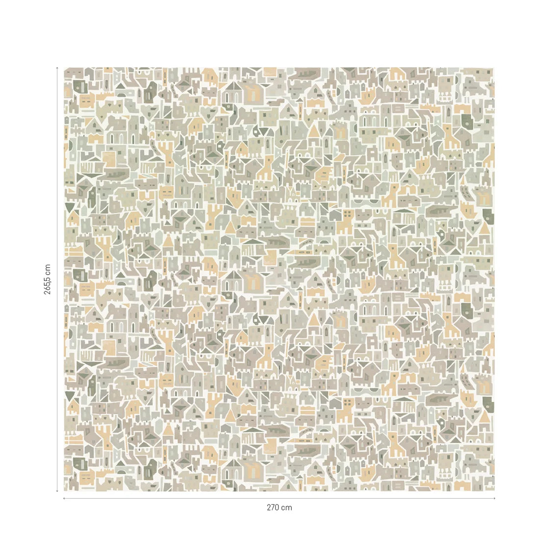 Houses Italia pattern layout with geometric houses in muted colours, measuring 270 cm wide and 265.5 cm high