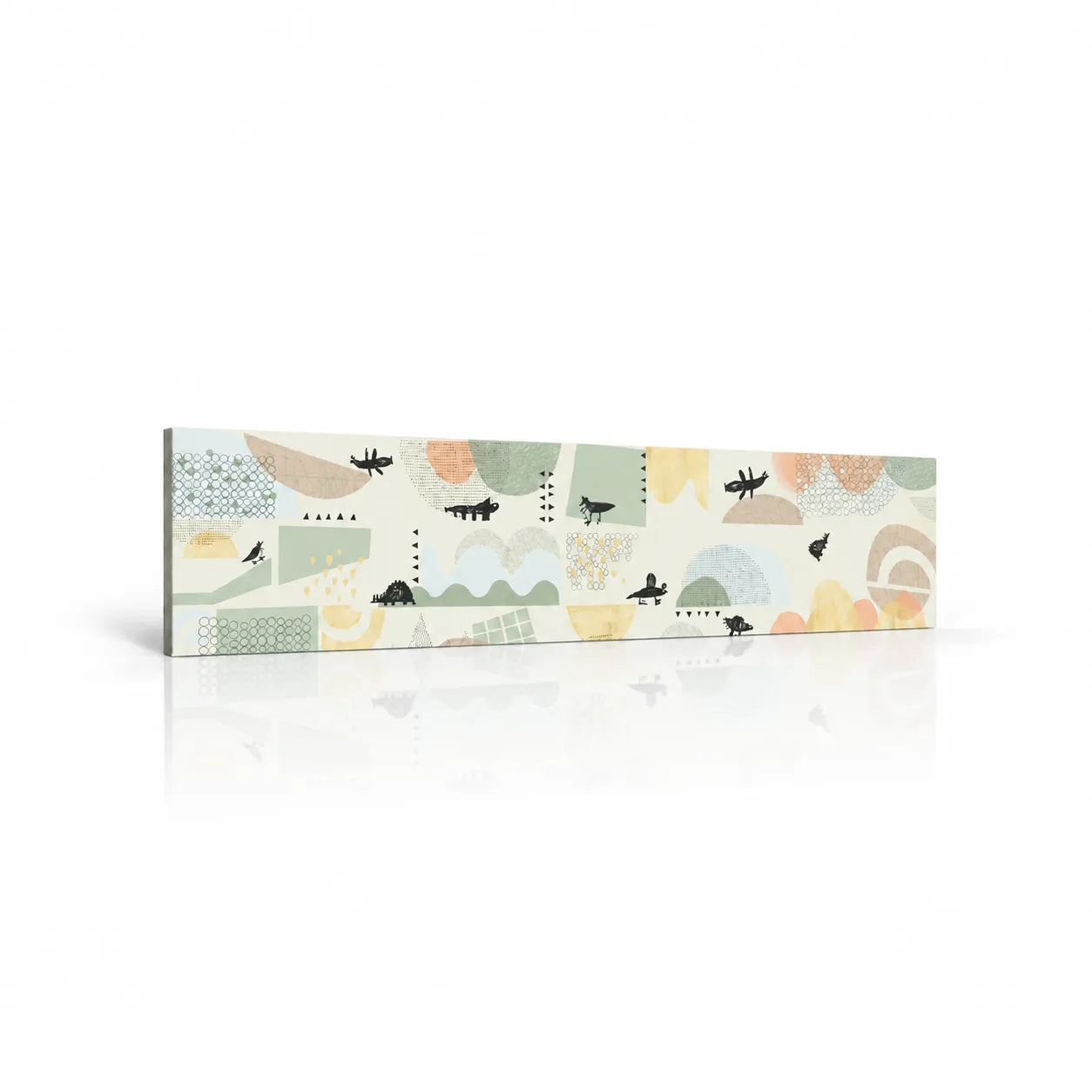 Juhu wall panel with pastel geometric shapes and playful black animal motifs on a white background