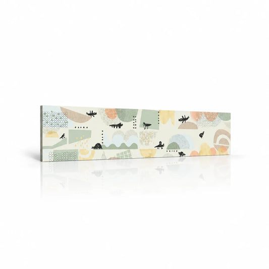 Juhu wall panel with pastel geometric shapes and playful black animal motifs on a white background