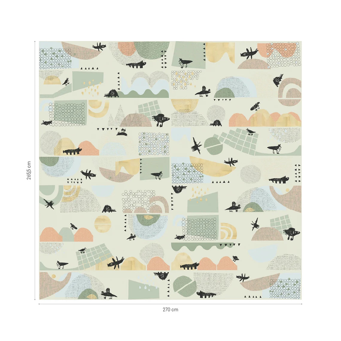 Juhu pattern layout with pastel shapes and animal illustrations, measuring 270 cm wide by 265.5 cm high