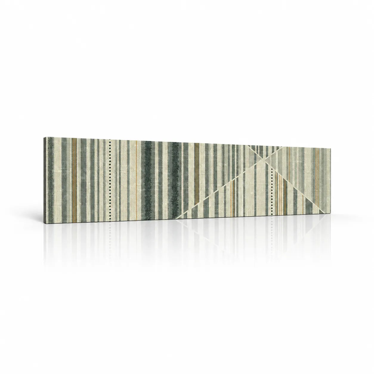Linen wall panel with green and cream stripes, geometric detailing and a woven fabric effect on a white background
