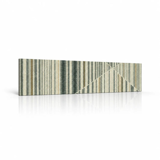 Linen wall panel with green and cream stripes, geometric detailing and a woven fabric effect on a white background