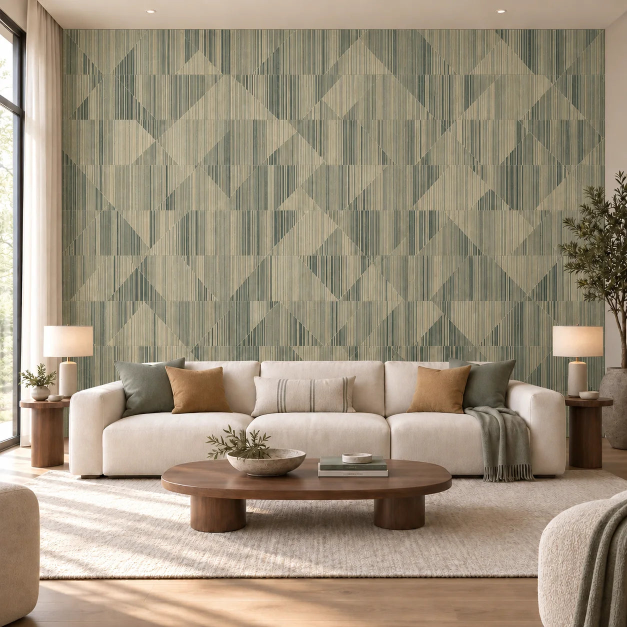 Front view of Linen geometric wall panels behind a cream sofa and wooden coffee table in a living room