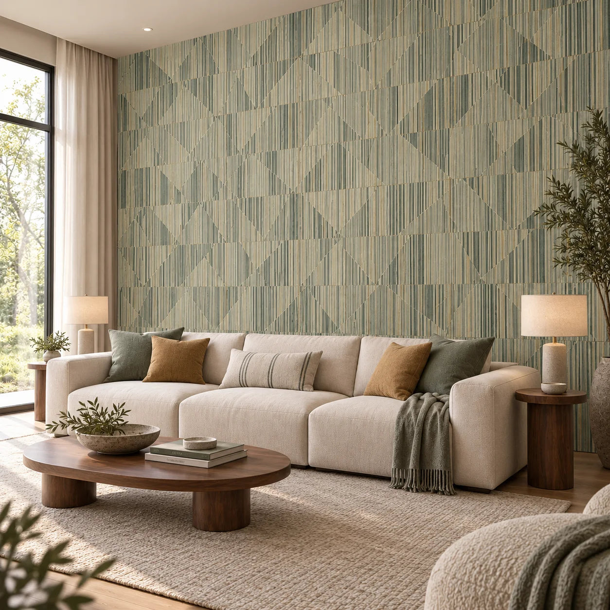 Angled view of Linen wall panels with green and cream geometric patterns in a bright living room