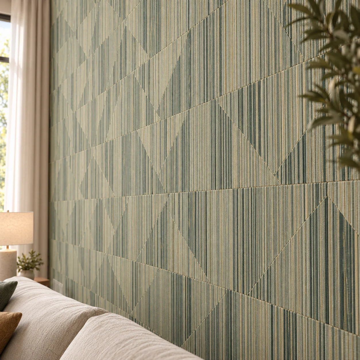 Close view of Linen wall panels showing fine vertical stripes, woven texture and geometric shapes above a cream sofa