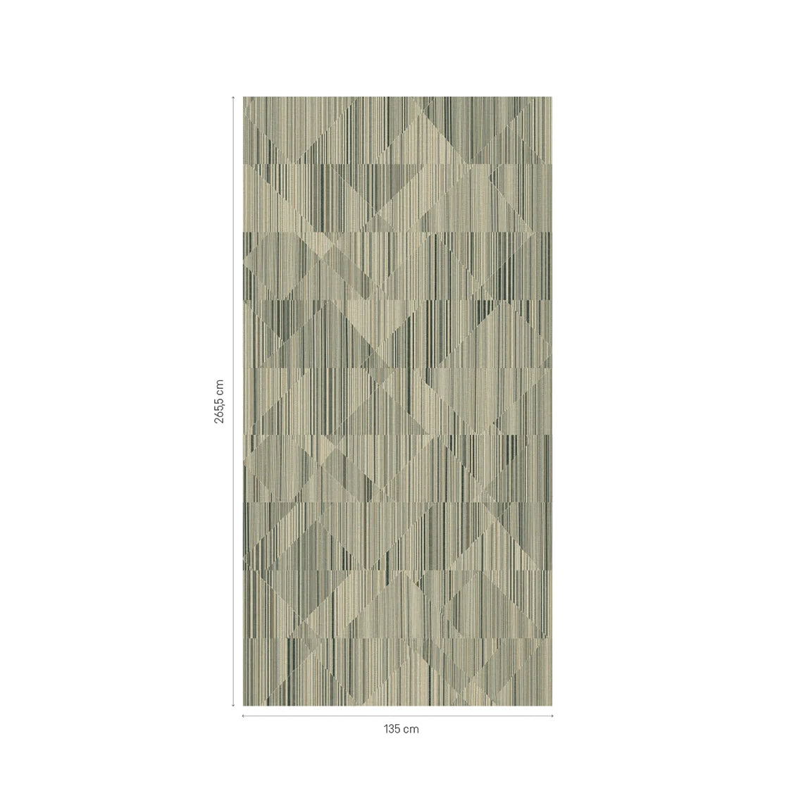 Linen geometric pattern layout in green and cream, measuring 135 cm wide by 265.5 cm high