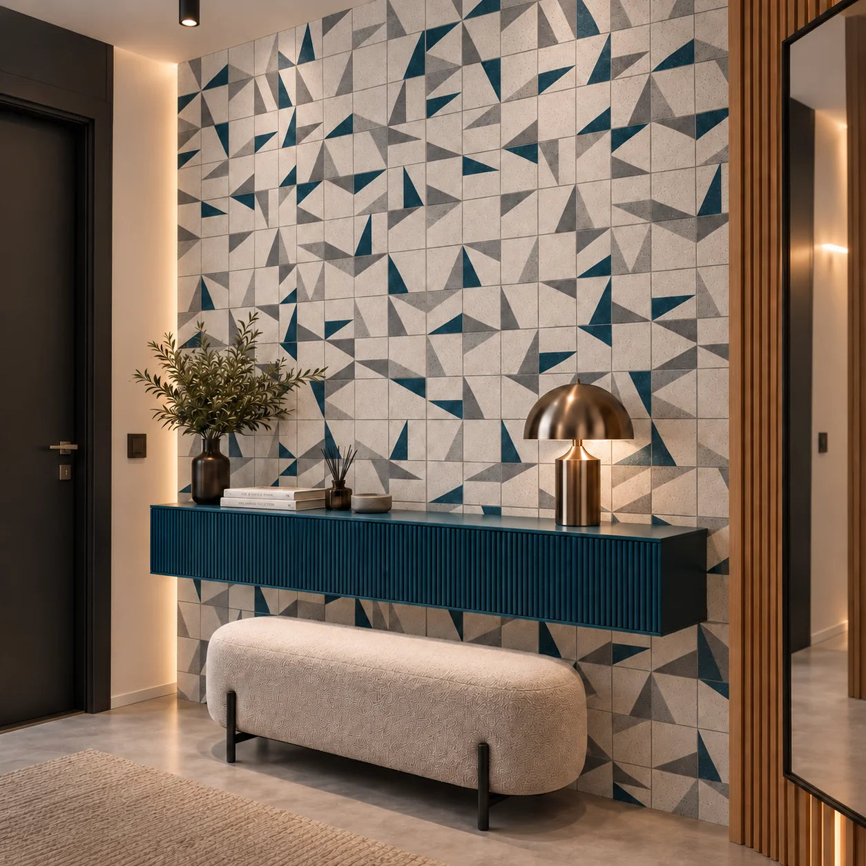 Angled view of Origami Birds wall panels in a hallway with a teal console and cream bench