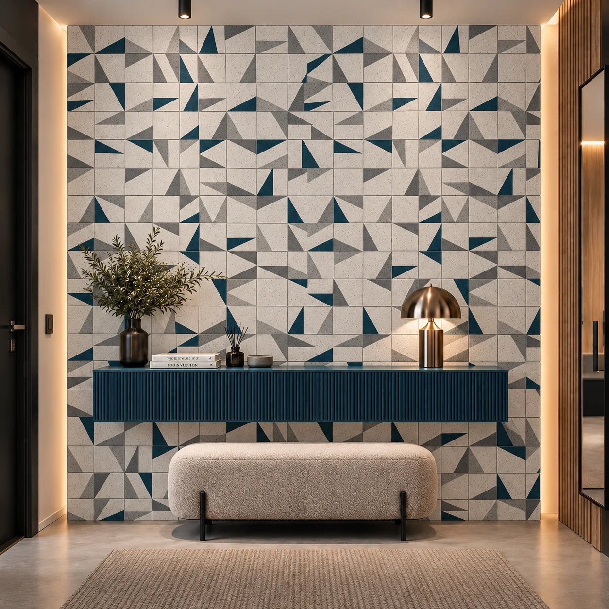 Front view of Origami Birds feature wall behind a teal floating console and upholstered hallway bench