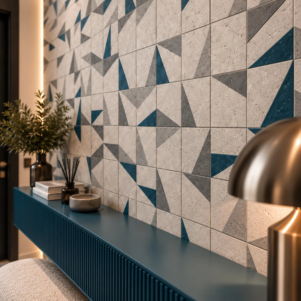Close view of Origami Birds wall panels showing geometric detailing and surface texture beside a brass lamp