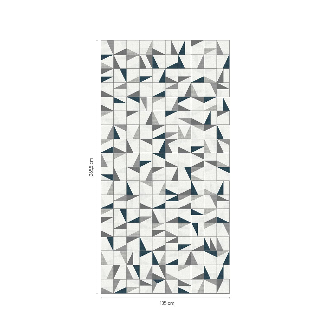 Origami Birds pattern layout in white, grey and teal, measuring 135 cm wide by 265.5 cm high