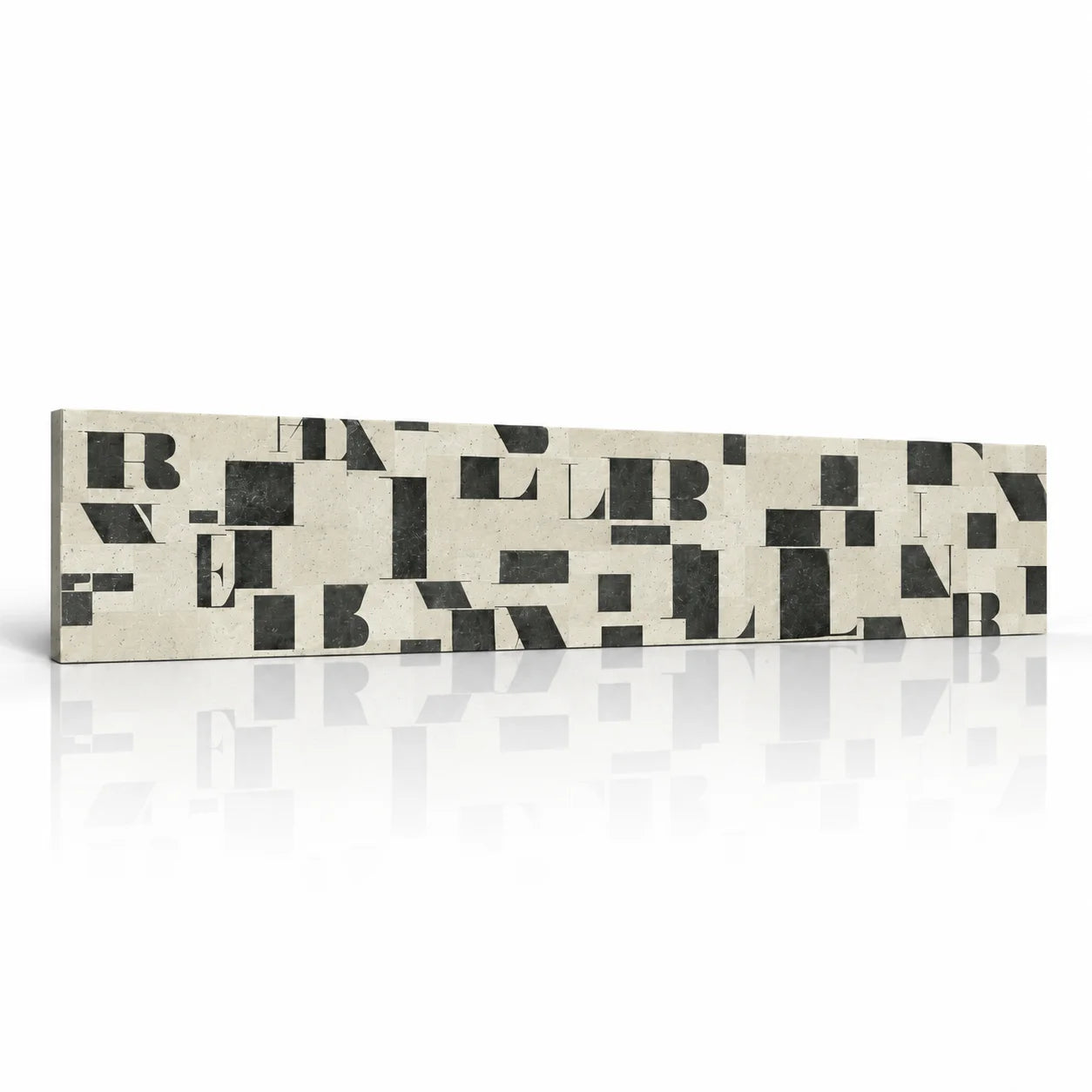 Typography mineral composite decorative wall panel with abstract black lettering on a light neutral background