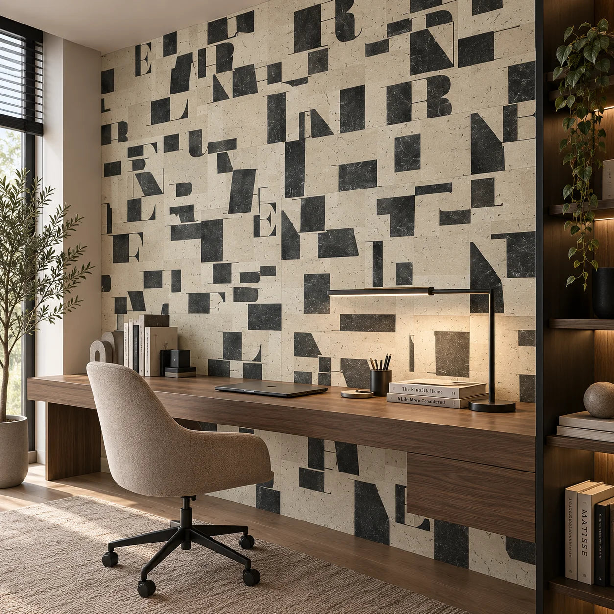 Contemporary workspace with Typography mineral composite wall panels and geometric black typography design