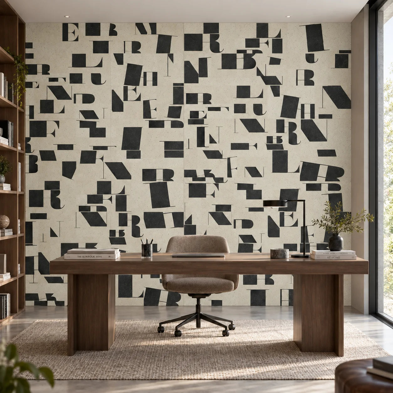 Modern home office featuring Typography mineral composite panels with bold black graphic lettering