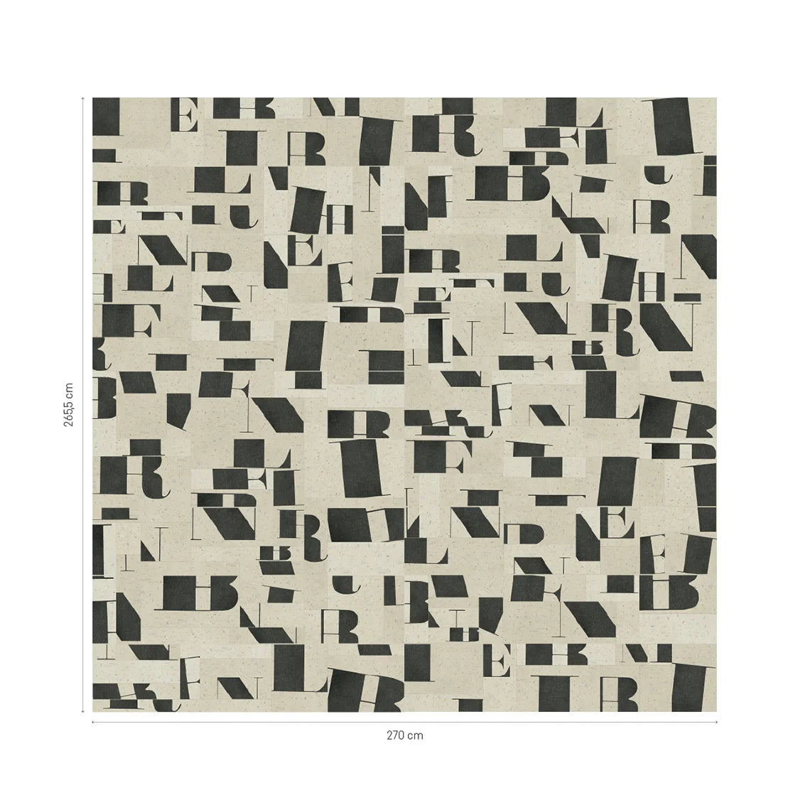 Typography wall panels with bold black geometric lettering on a warm neutral background with dimenstions