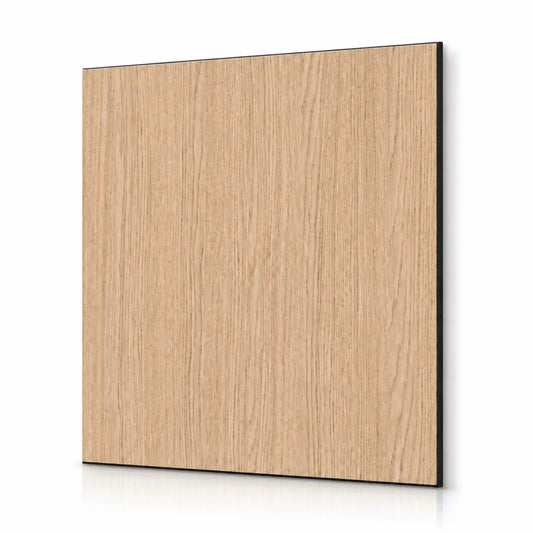 Square smooth raw oak-effect MDF wall panel shown at an angle on a white background with a soft natural shadow
