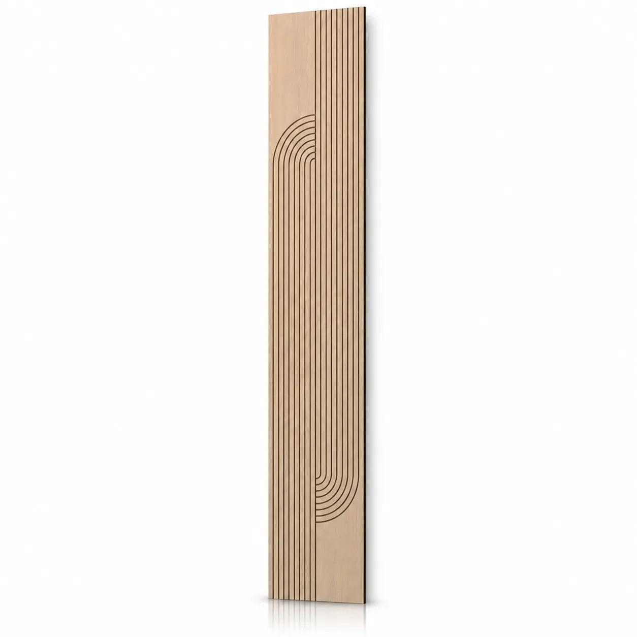 Angled view of a tall oak-effect milled MDF wall panel with a flowing geometric groove pattern