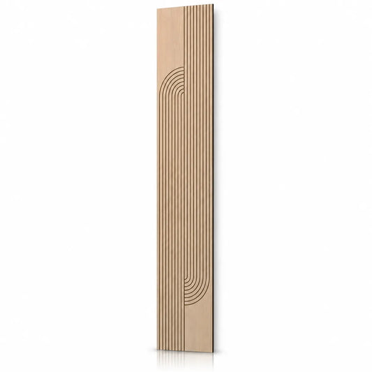 Angled view of a tall oak-effect milled MDF wall panel with a flowing geometric groove pattern