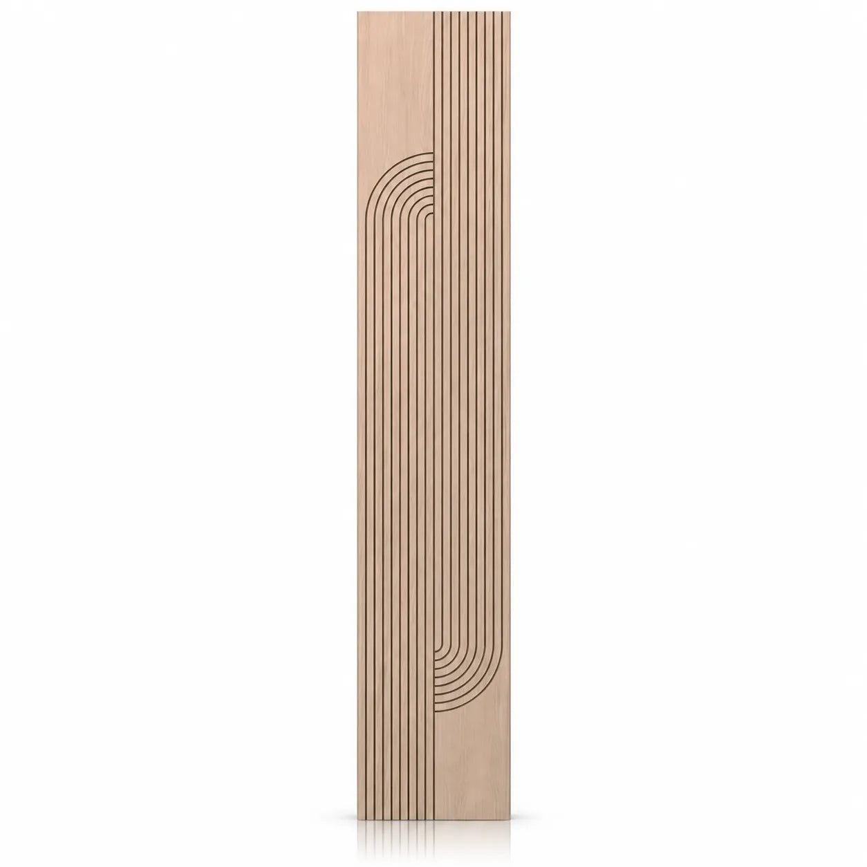 Front view of a tall narrow oak-effect MDF wall panel with decorative vertical and rounded grooves