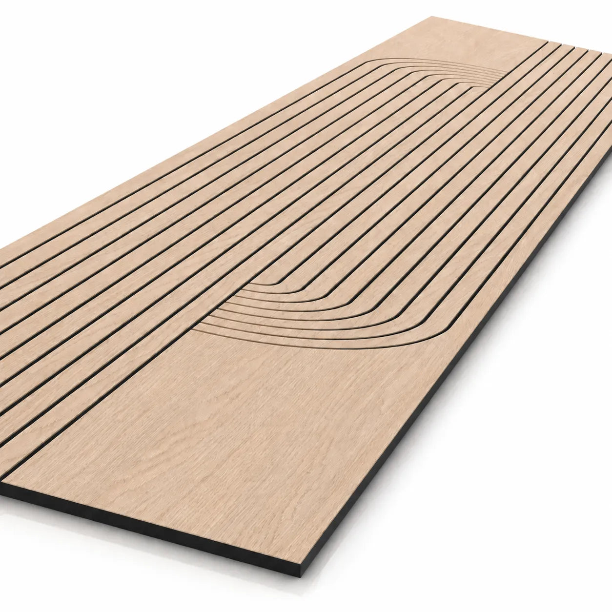 Close-up perspective view of an oak-effect milled MDF wall panel with parallel curved grooves and a black core