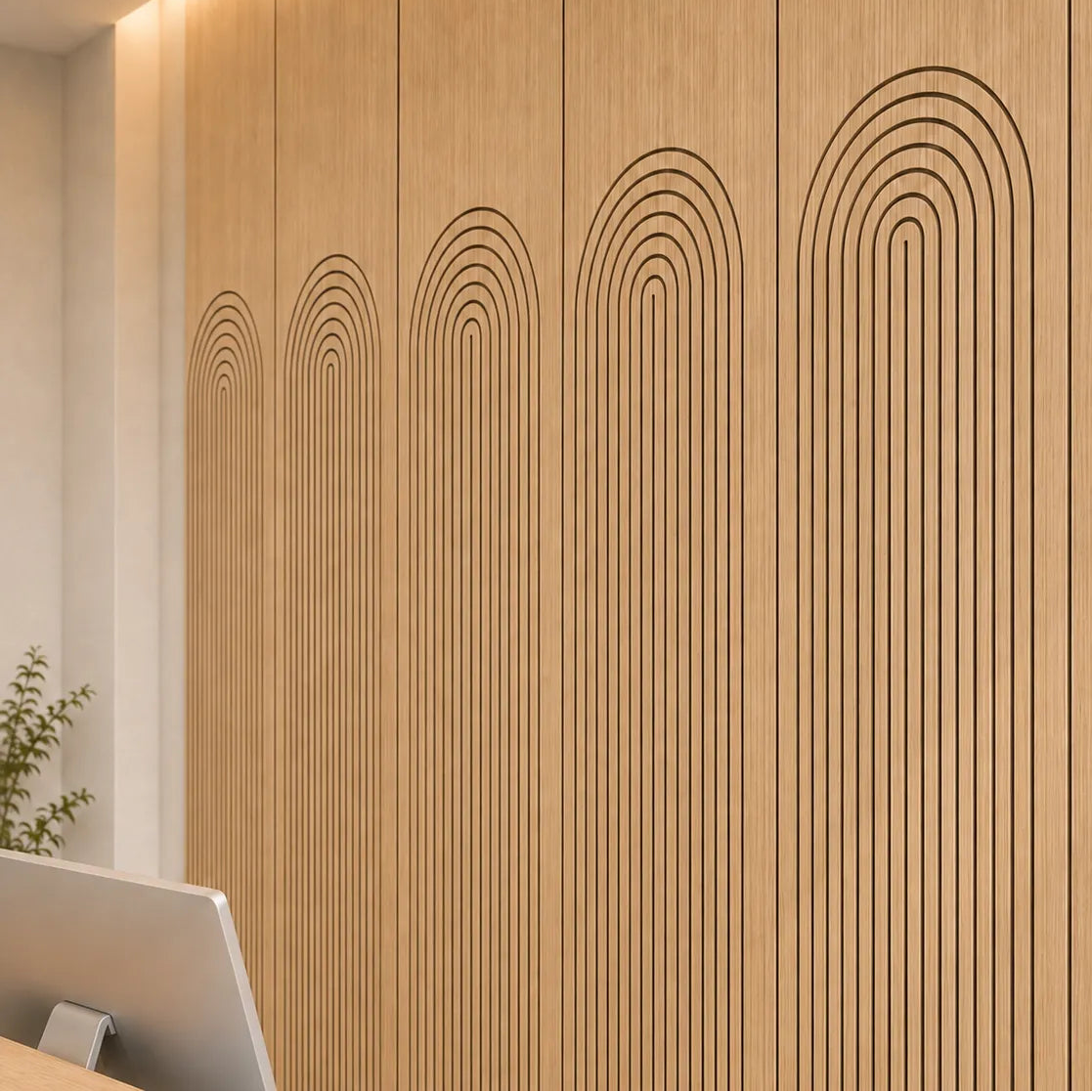 Close-up of oak acoustic wall panels with arched black grooves in a veterinary clinic reception