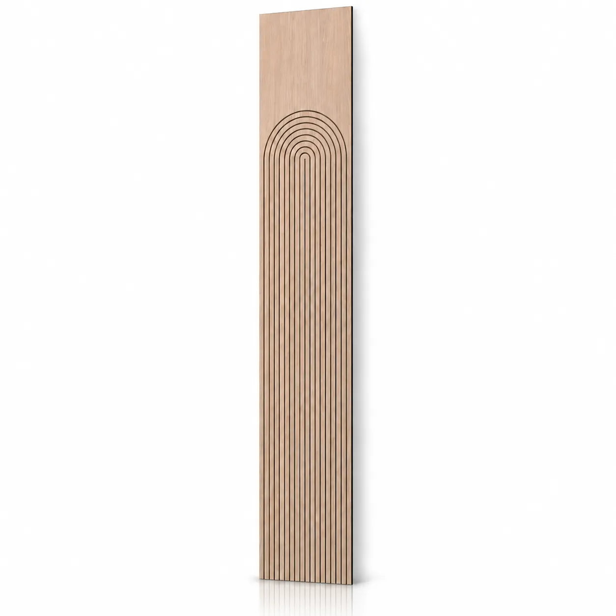 Tall oak-effect GrooveCraft milled acoustic MDF wall panel with an arched groove pattern and natural shadow
