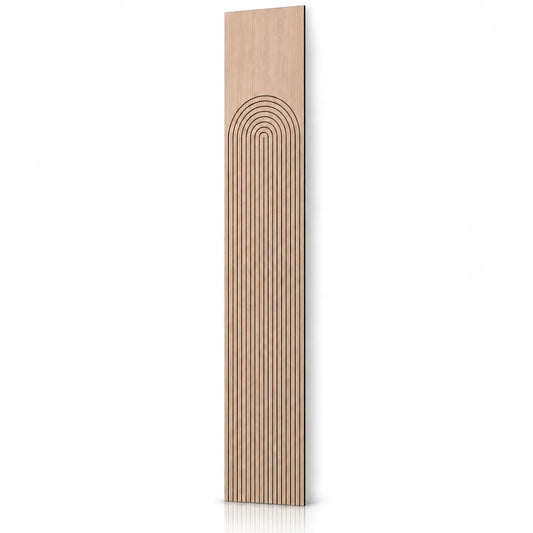 Tall oak-effect GrooveCraft milled acoustic MDF wall panel with an arched groove pattern and natural shadow