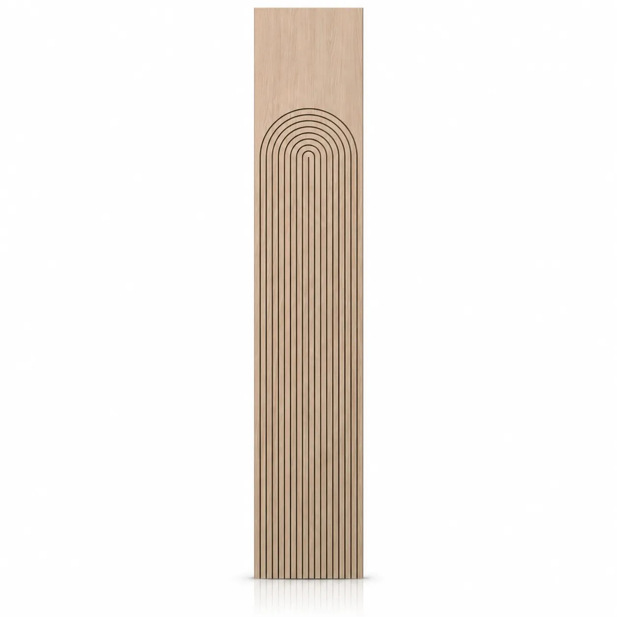 Front view of a tall oak-effect acoustic MDF wall panel featuring symmetrical arch-shaped milled grooves