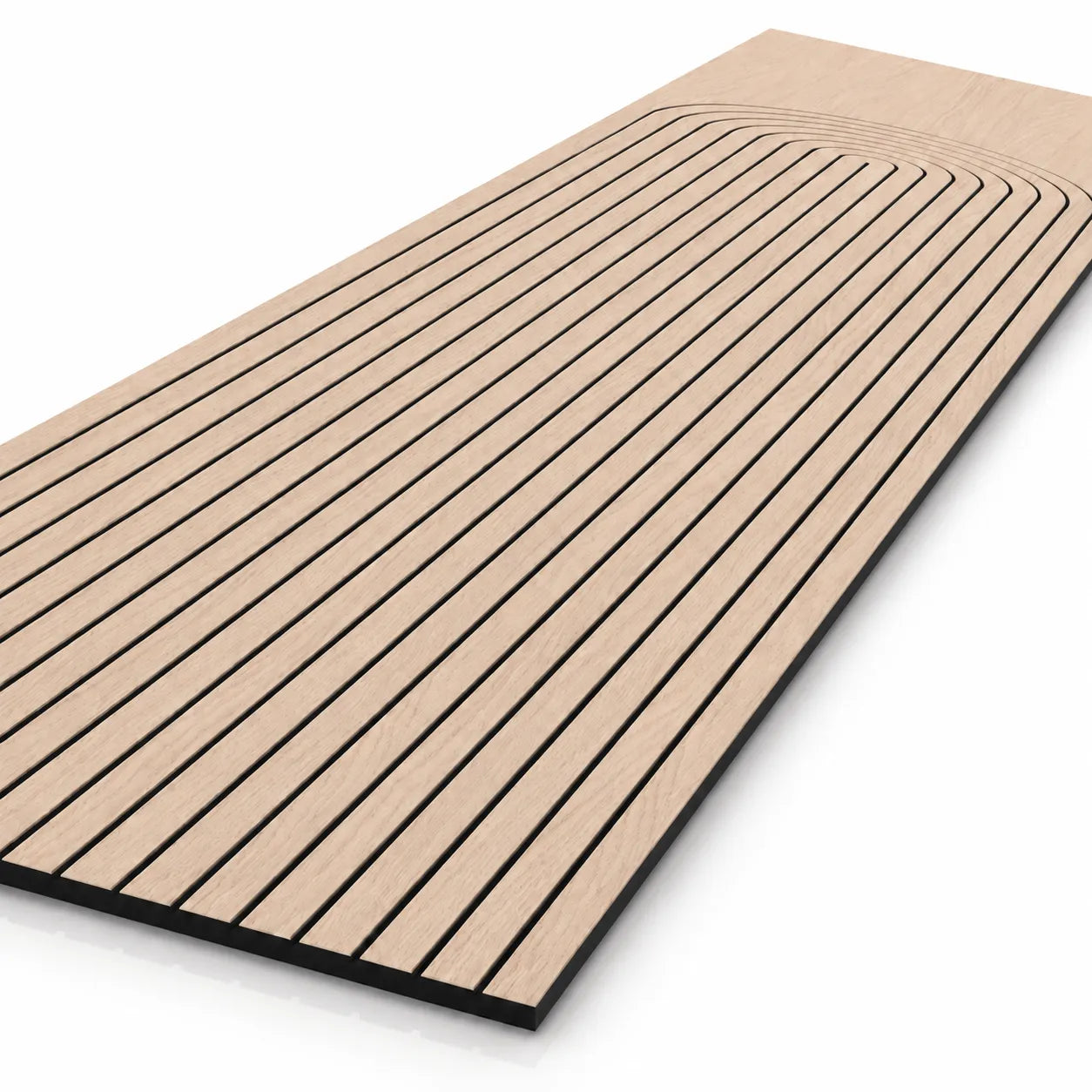 Angled close-up of an oak-effect milled acoustic MDF panel with long parallel grooves and a rounded arch design