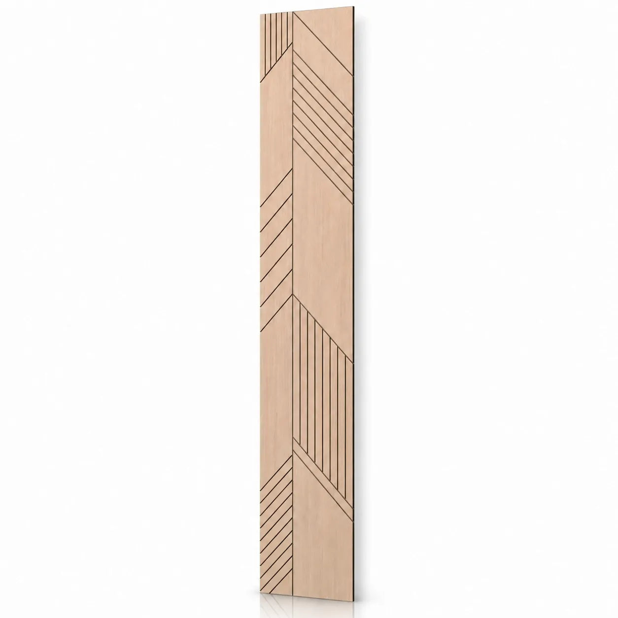 Tall oak-effect GrooveCraft milled acoustic MDF wall panel with a modern geometric linear pattern and natural shadow