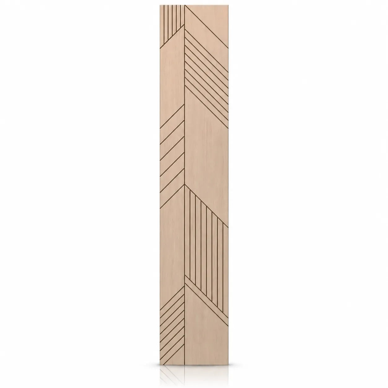 Front view of a tall oak-effect acoustic MDF wall panel with asymmetrical diagonal and vertical milled grooves