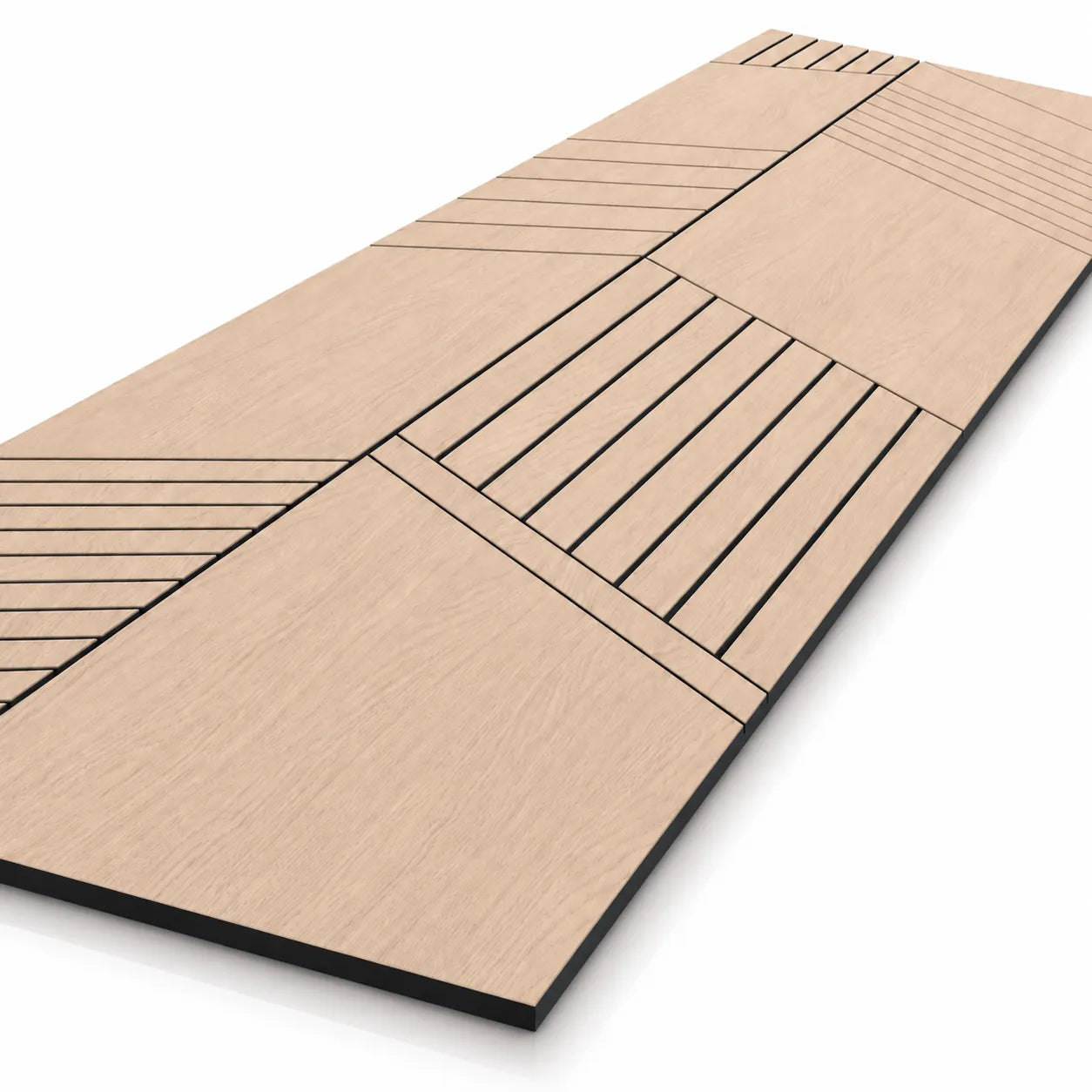 Angled close-up of an oak-effect milled acoustic MDF panel featuring intersecting geometric grooves and a black core