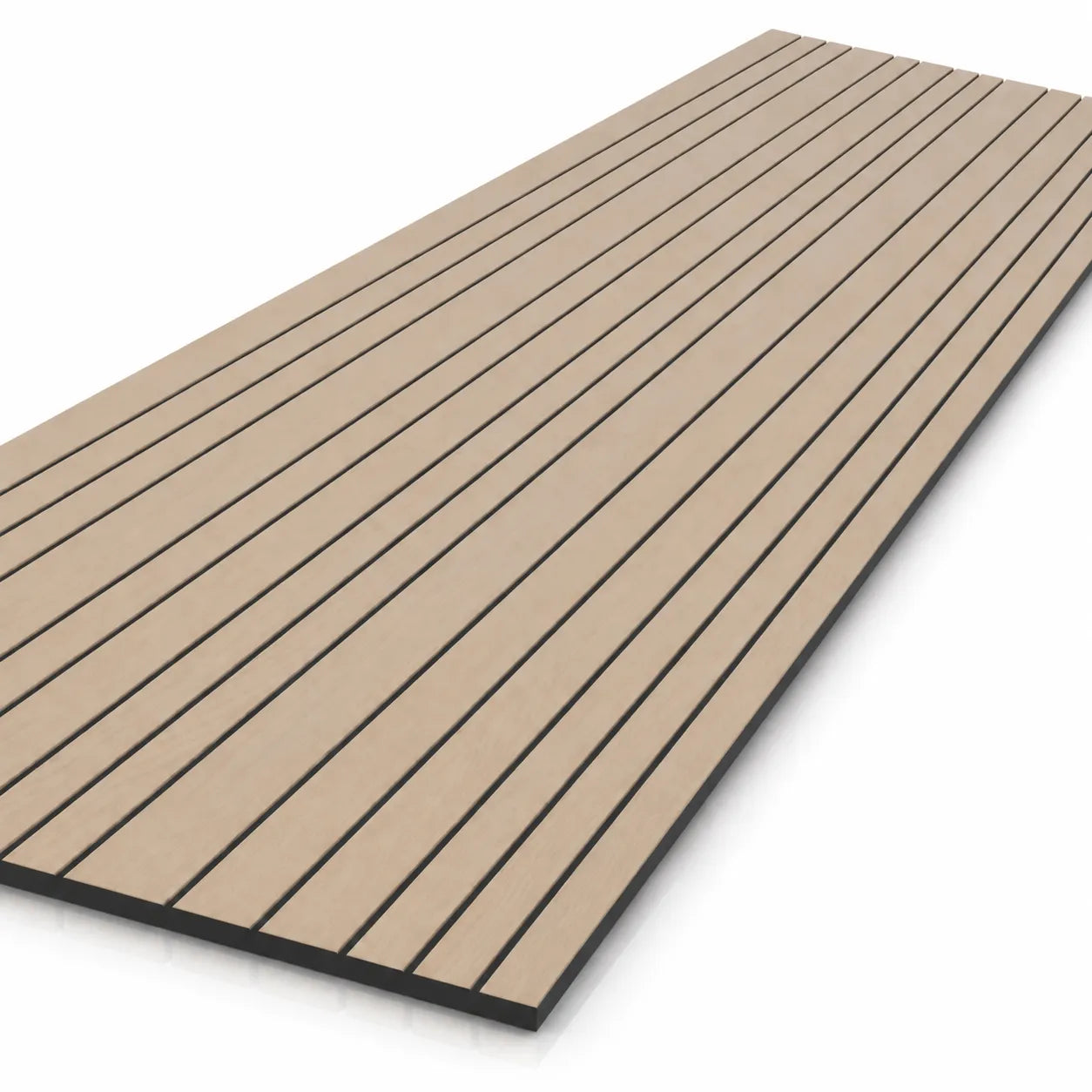 Angled close-up of an oak-effect GrooveCraft milled acoustic MDF panel with evenly spaced linear grooves and a black core