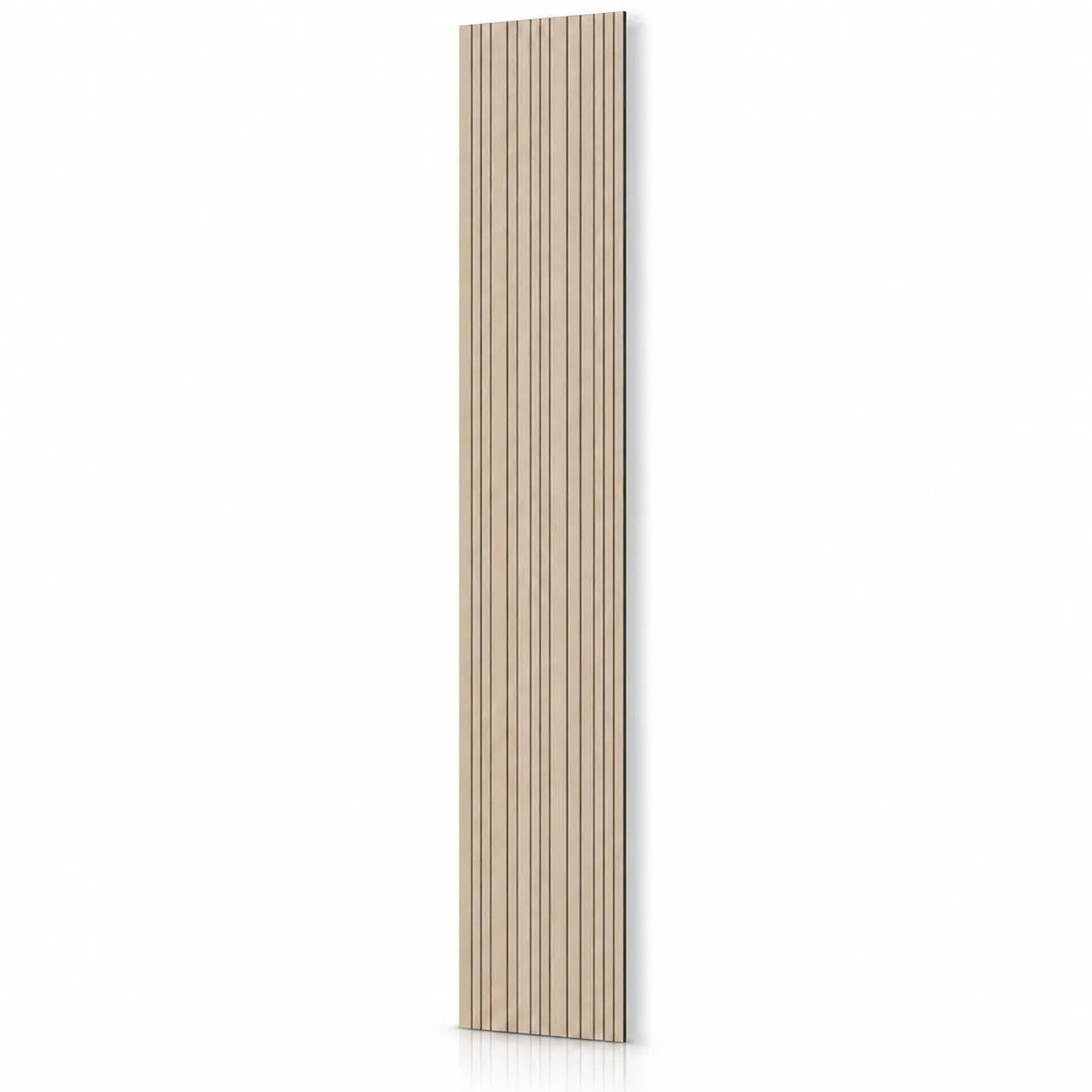 Tall oak-effect GrooveCraft acoustic MDF wall panel with narrow vertical grooves and a natural shadow