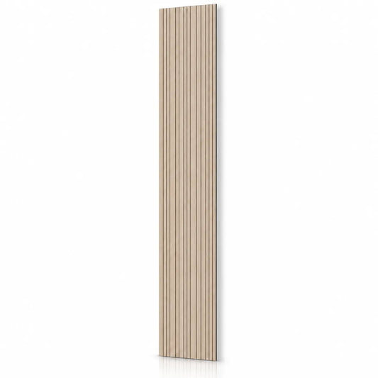 Tall oak-effect GrooveCraft acoustic MDF wall panel with narrow vertical grooves and a natural shadow