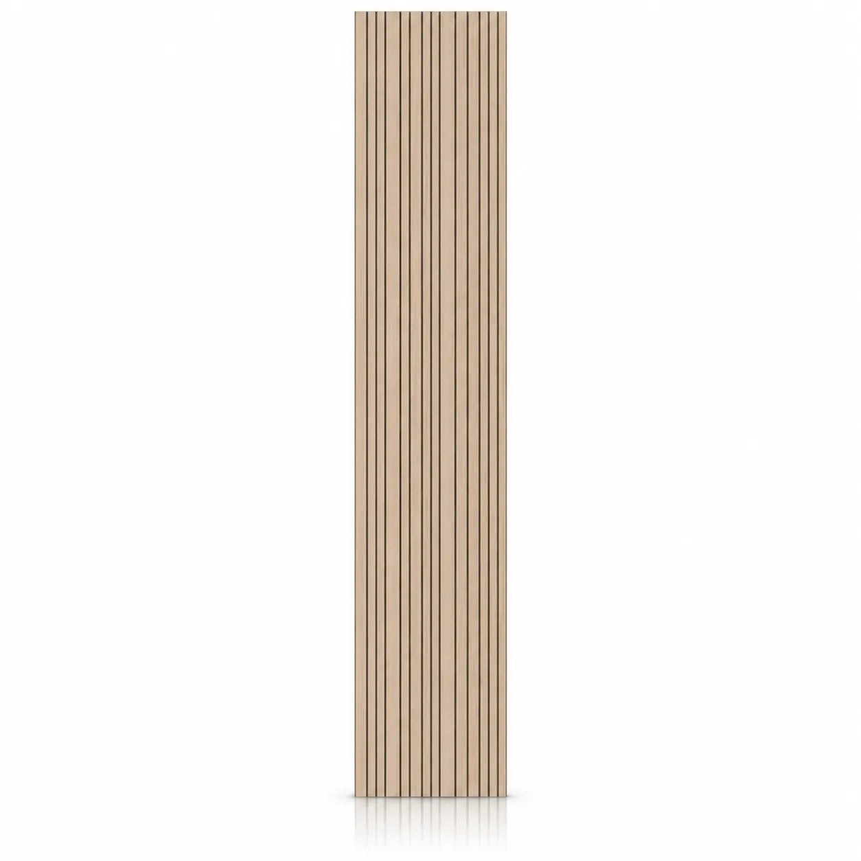 Tall oak-effect GrooveCraft acoustic MDF wall panel with narrow vertical grooves and a natural shadow