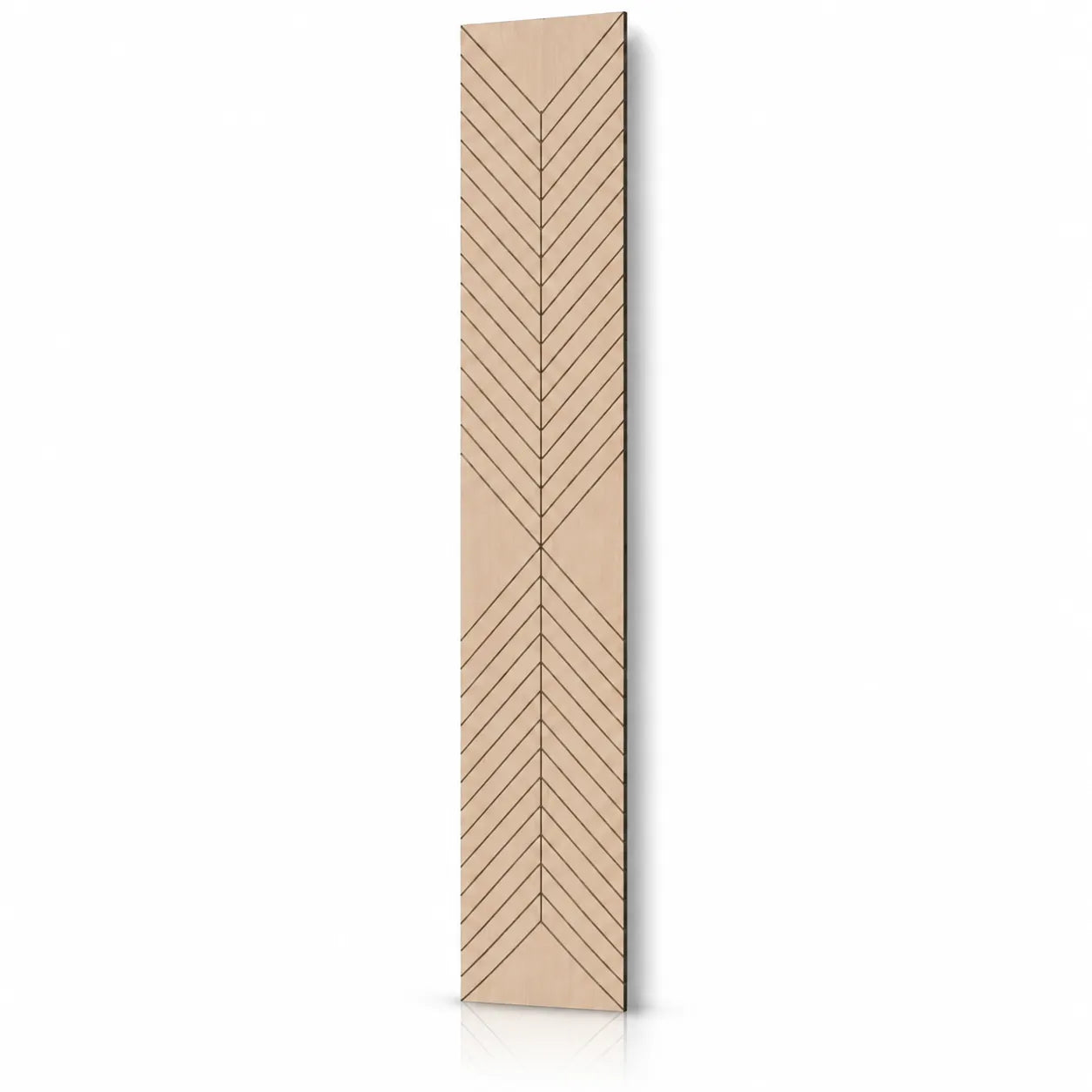 Tall oak-effect GrooveCraft acoustic MDF wall panel with symmetrical chevron grooves and a natural shadow