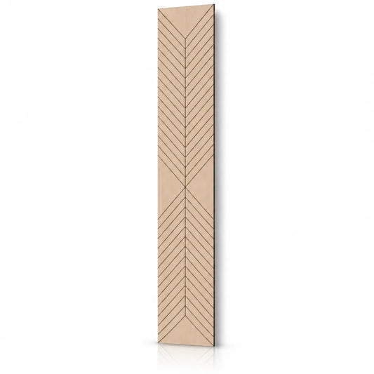 Tall oak-effect GrooveCraft acoustic MDF wall panel with symmetrical chevron grooves and a natural shadow