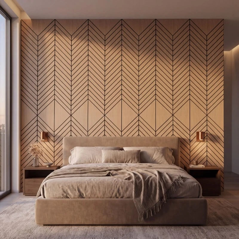 Contemporary bedroom with oak-effect chevron acoustic wall panels, pendant lights and a neutral upholstered bed