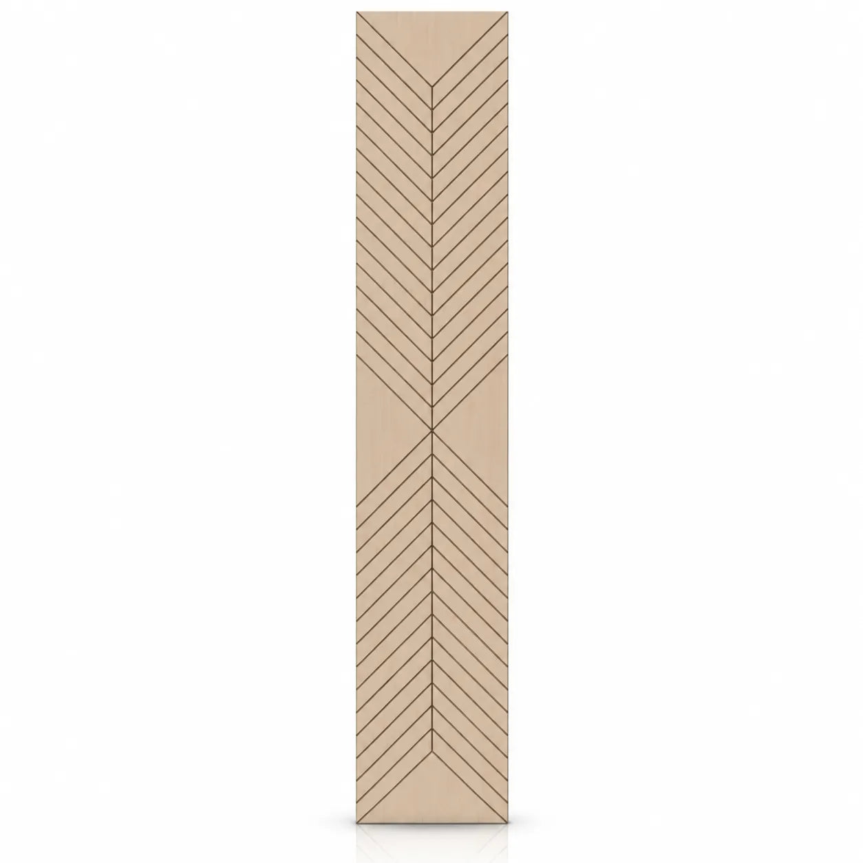 Front view of a tall oak-effect acoustic MDF wall panel with symmetrical V-shaped milled grooves