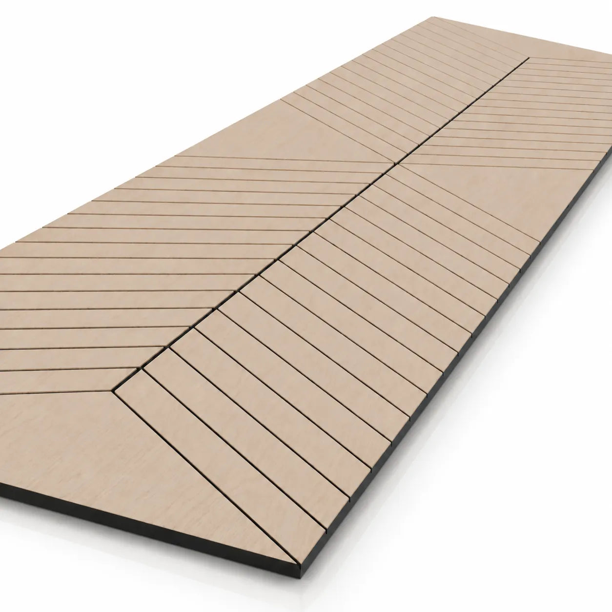 Angled close-up of an oak-effect GrooveCraft milled acoustic MDF panel with a symmetrical chevron groove pattern and black core
