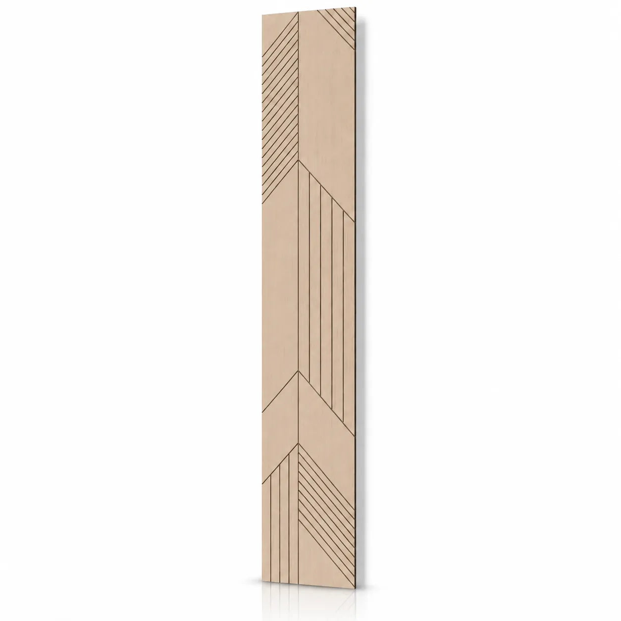 Tall oak-effect milled acoustic MDF wall panel with asymmetrical geometric linear grooves