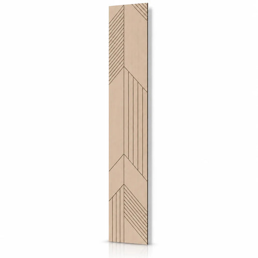 Tall oak-effect milled acoustic MDF wall panel with asymmetrical geometric linear grooves
