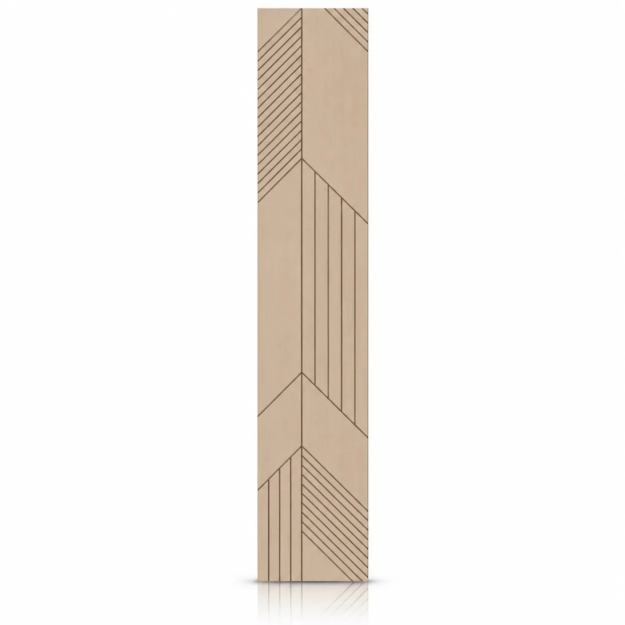 Front view of a tall oak-effect acoustic MDF wall panel with modern asymmetrical milled grooves