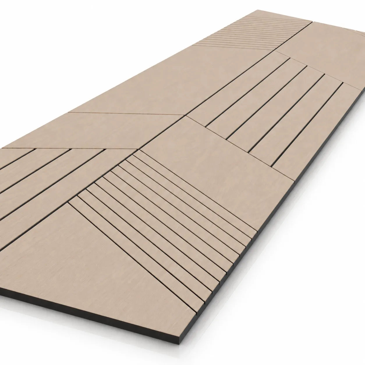 Angled close-up of an oak-effect milled acoustic MDF panel with intersecting vertical and diagonal grooves