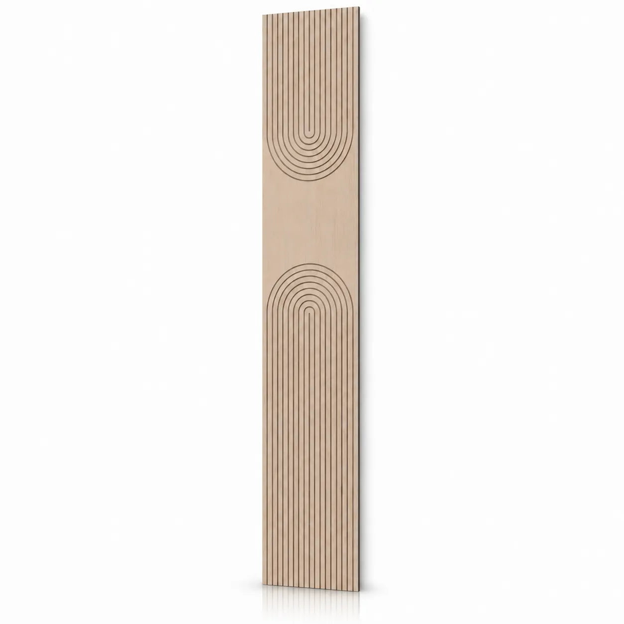 Tall oak-effect GrooveCraft milled acoustic MDF panel with mirrored arch grooves and a natural shadow