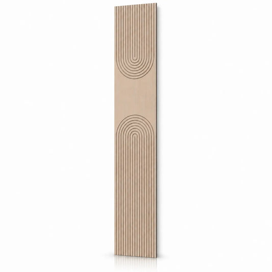 Tall oak-effect GrooveCraft milled acoustic MDF panel with mirrored arch grooves and a natural shadow